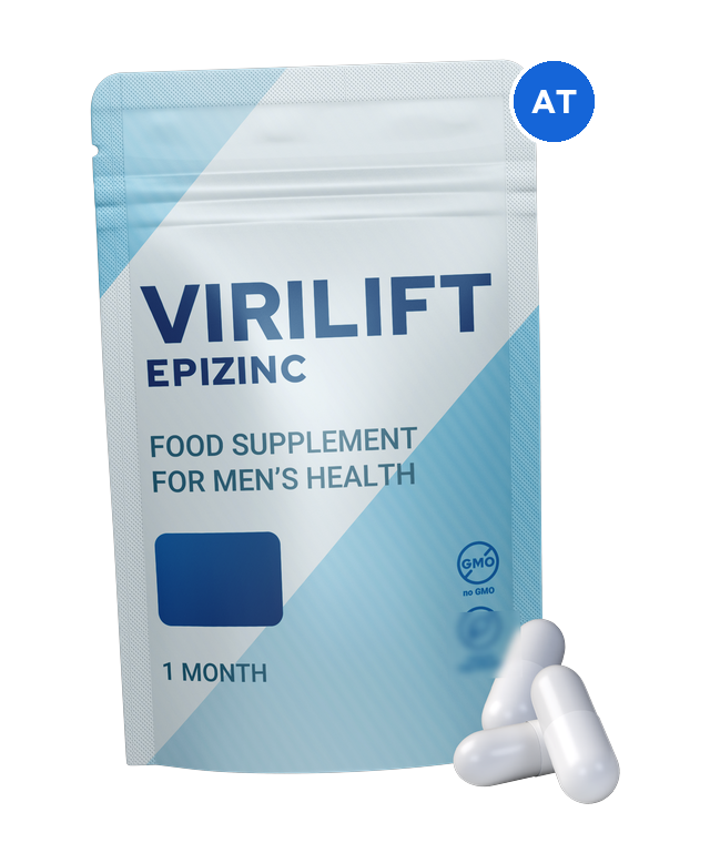 Virilift Epizinc – Beutel mit dem Aufdruck „Food supplement for men’s health · 1 month“, daneben drei weiße Kapseln