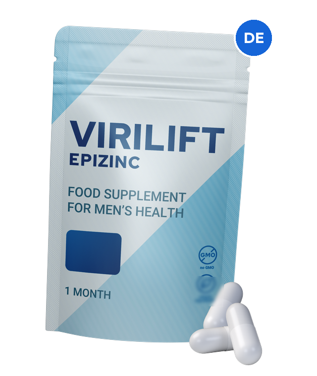 Virilift Epizinc – weiß-blauer Beutel mit dem Aufdruck „Food supplement for men’s health · 1 month“ und drei weißen Kapseln