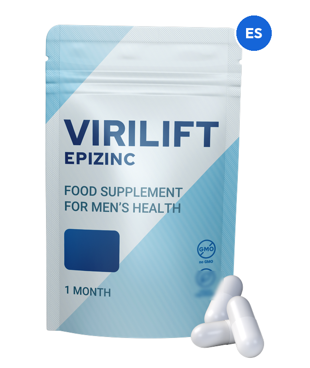 Virilift Epizinc – bolsa blanca y azul con el texto «Food supplement for men’s health · 1 month» y tres cápsulas blancas