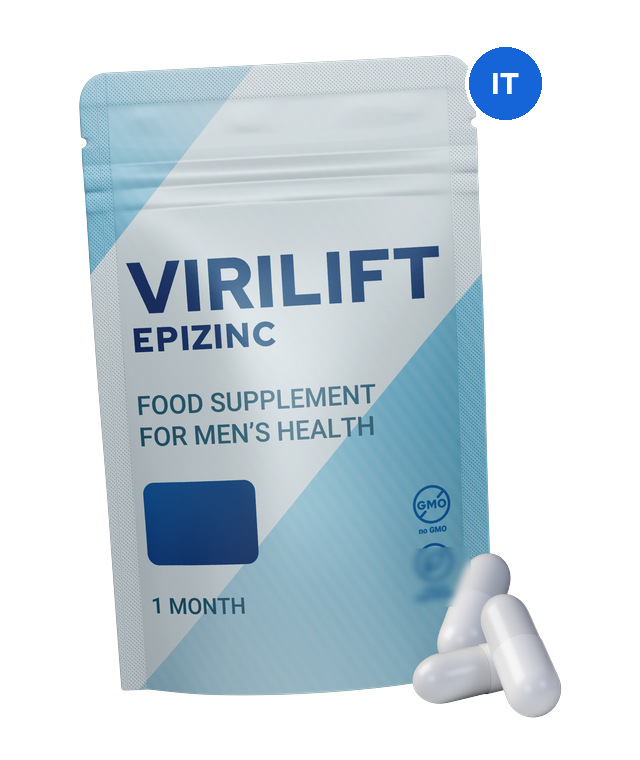 Virilift Epizinc – busta bianca e azzurra con la scritta «Food supplement for men’s health · 1 month» e tre capsule bianche